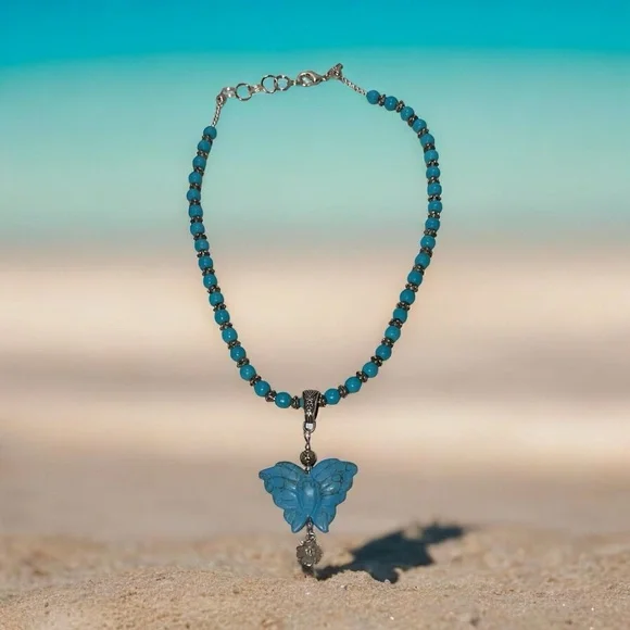 Turquoise Handcrafted Beaded Butterfly Pendant Necklace & Bracelet Set - Picture 4 of 6